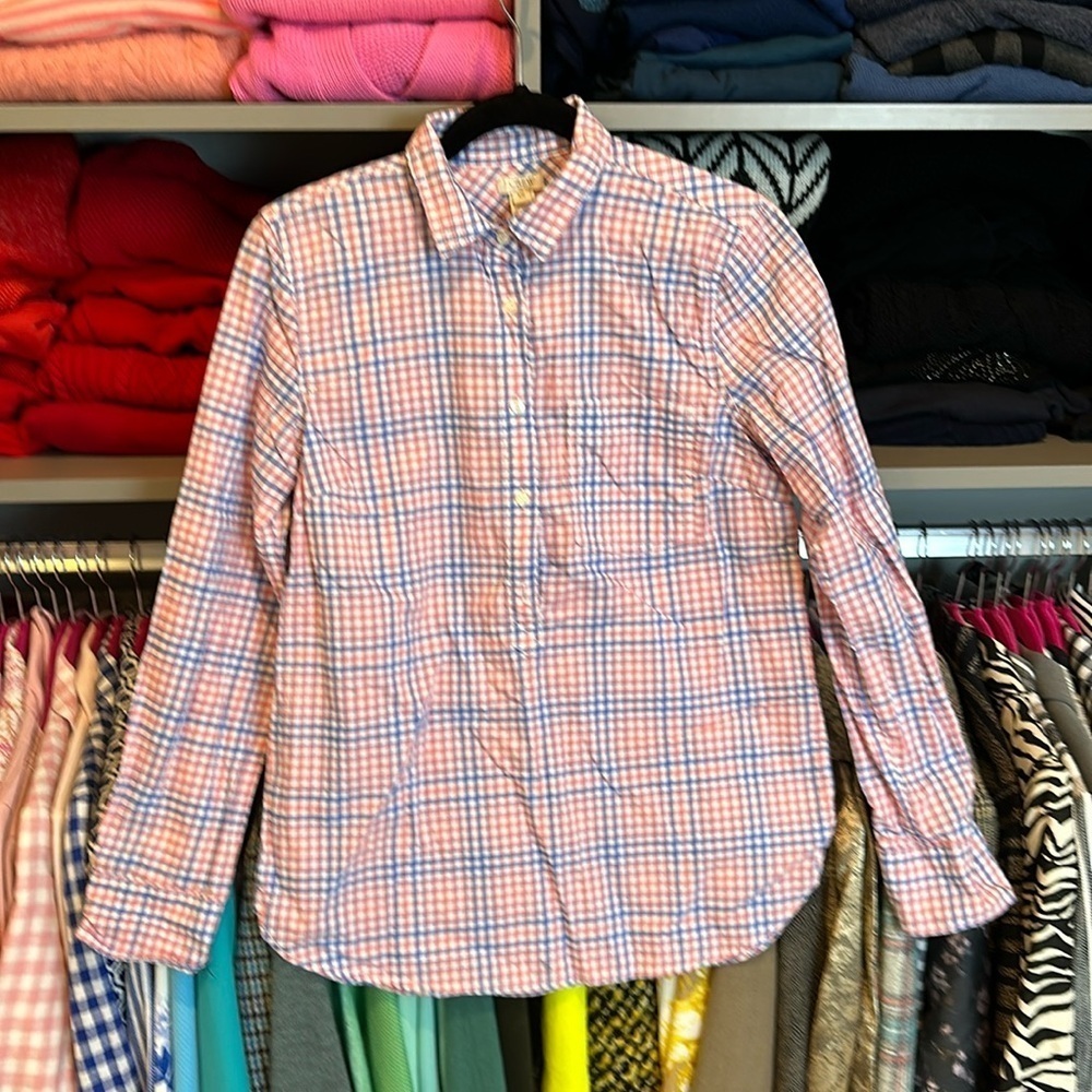 J Crew pink/blue/white plaid 100% long sleeve popover shirt size XS NWT